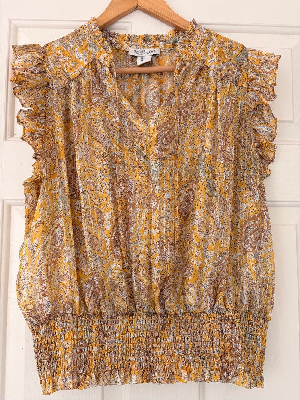 Rachel Zoe Yellow Paisley Ruffle Sleeve Smocked Waist Blouse